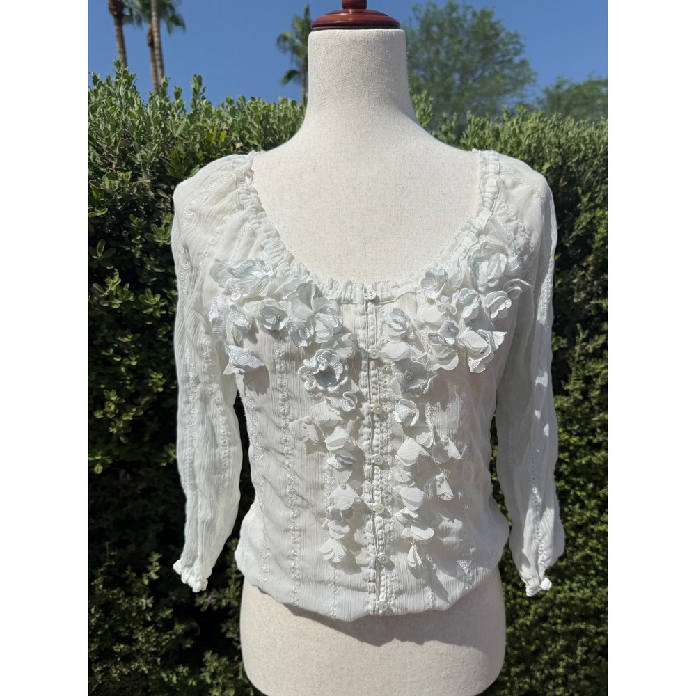 Vintage Y2K Abercrombie & Fitch White Floral Applique Chiffon Peasant Blouse Sma